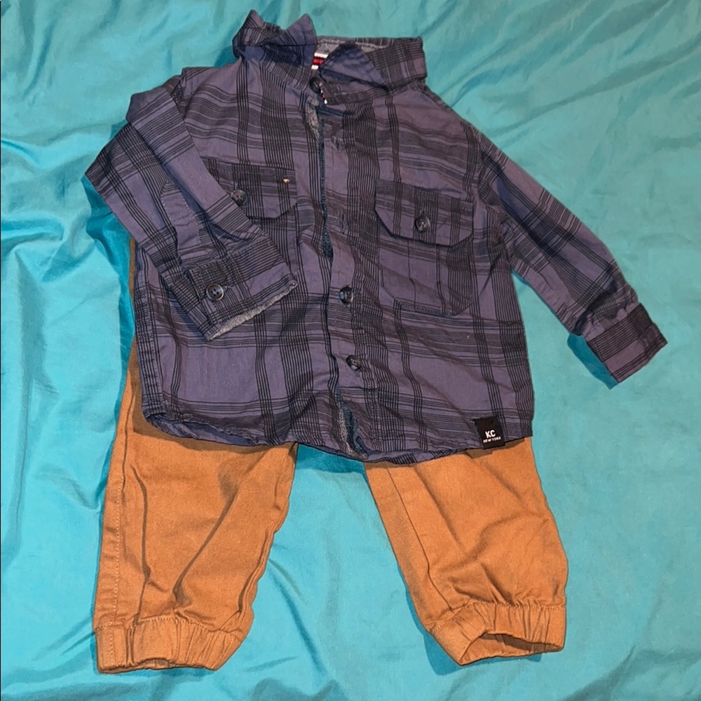 Kenneth Cole New York Plaid Button-down Shirt and Tan Pants Set